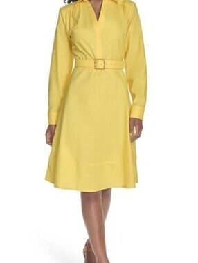 CALVIN KLEIN BRIGHT Yellow Belted V Neck Shirt Dress - Women NWT